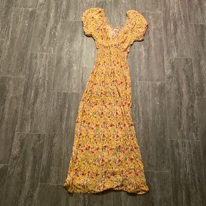 Yellow floral dress with v neck maxi